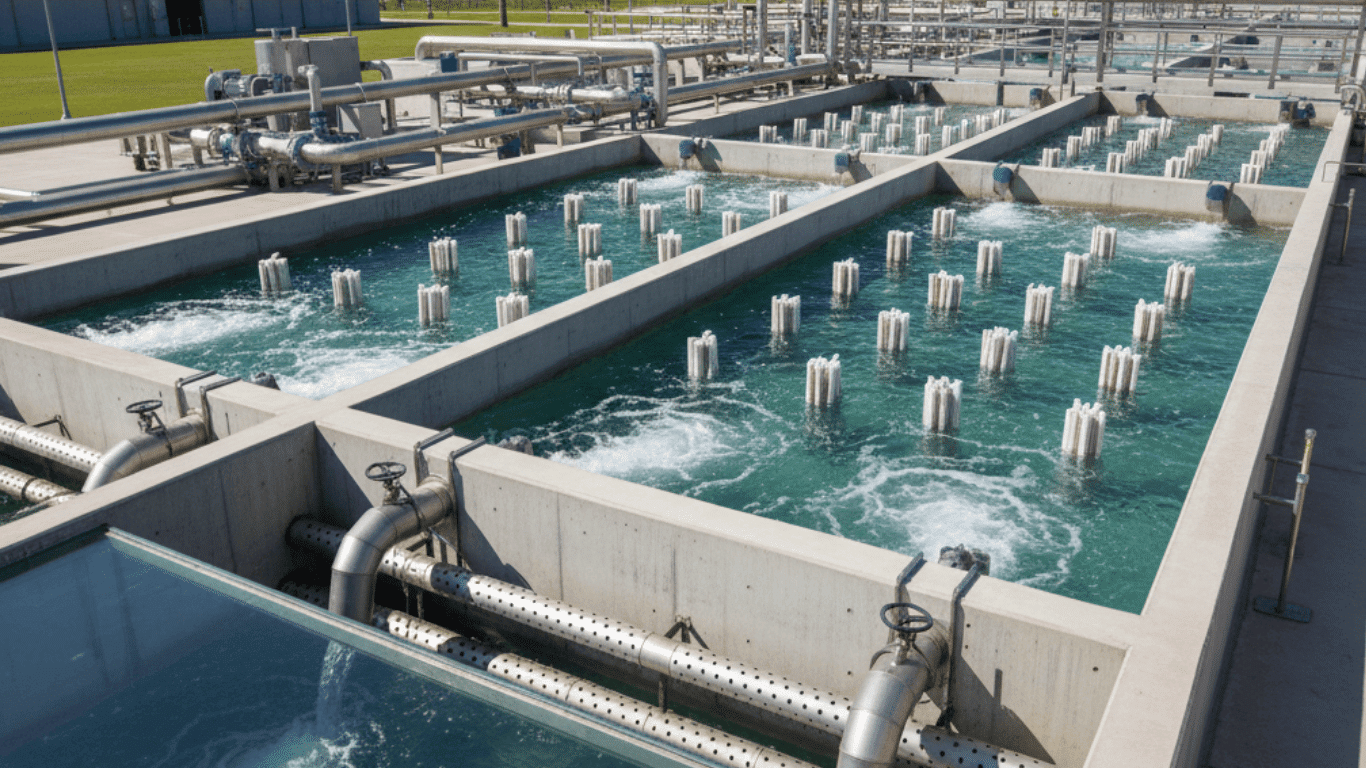 Membrane bioreactor for wastewater treatment showing submerged membrane modules in an aeration tank, part of advanced MBR systems used in municipal and industrial wastewater treatment to improve biological treatment efficiency, reduce membrane fouling, and produce high quality effluent through membrane filtration with polymeric or ceramic membranes.