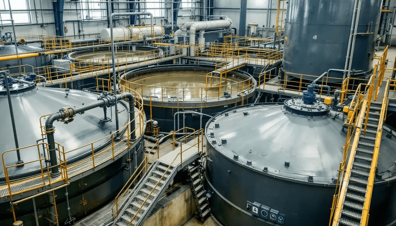 The image shows a wastewater treatment plant equipped with various tanks and machinery used for the chemical treatment of wastewater. This facility employs processes like chemical precipitation and biological treatment to effectively eliminate pollutants and protect the surrounding environment.