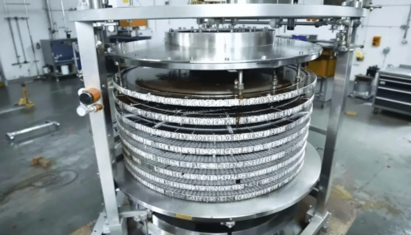 The image depicts a filter press system, a type of dewatering equipment designed for sludge dewatering, showcasing its compact and robust structure. This system efficiently separates solids from liquids, producing filter cake for further processing while minimizing disposal costs and ensuring compliance with wastewater management standards.