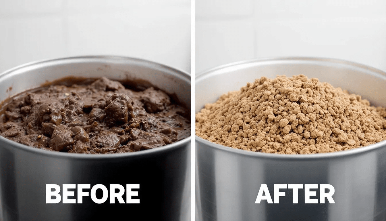 The image displays a before and after comparison of a dewatering system, illustrating the transformation of liquid sludge into a dry filter cake. The left side shows the thick, wet slurry, while the right side reveals the compact, solidified cake, highlighting the efficiency and effectiveness of the sludge dewatering process.