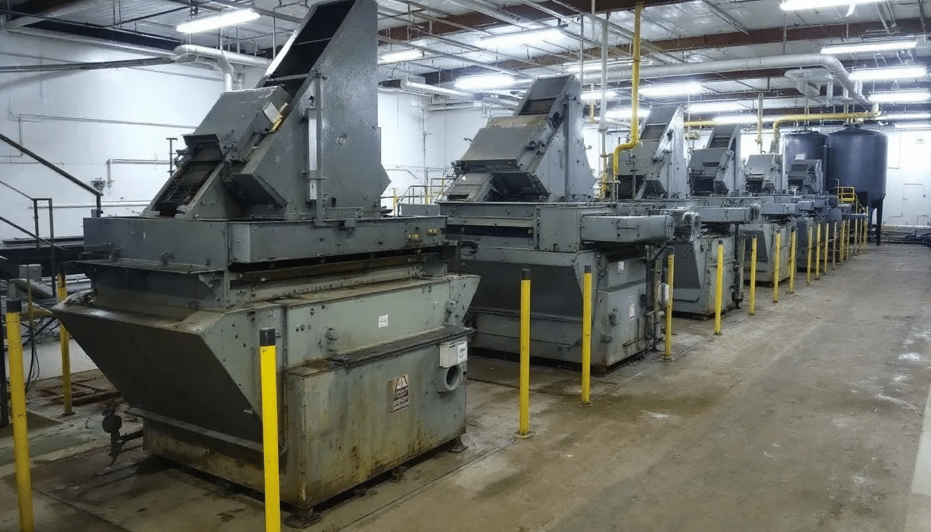 The image depicts a municipal wastewater treatment plant featuring various dewatering equipment in operation, including a rotary press and filter press. These systems efficiently handle sludge dewatering, separating solids from liquids to reduce disposal costs and enable further processing and reuse of the treated waste.