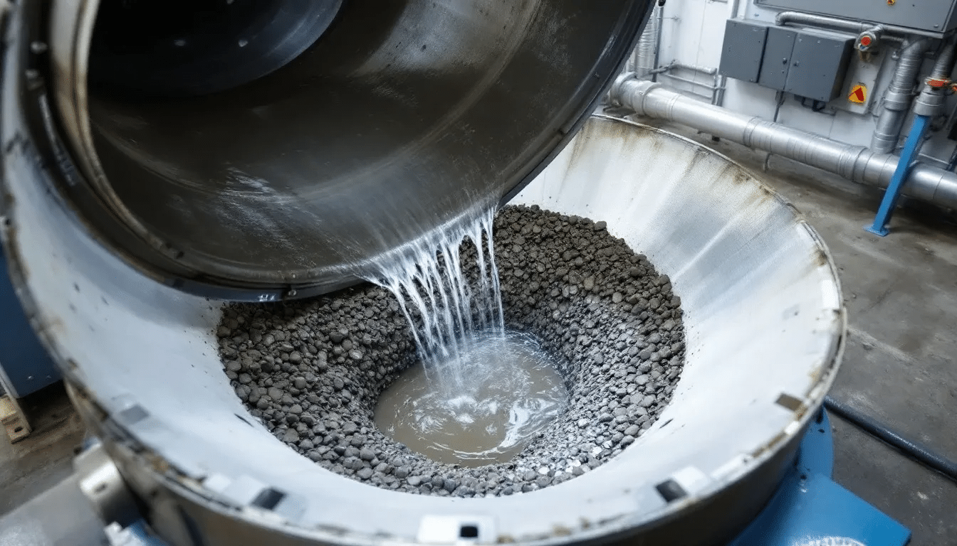 Industrial sludge dewatering equipment in a treatment plant showing liquid draining from sewage sludge inside a dewatering drum, illustrating sludge dewatering processes used after primary or secondary clarifiers to manage thickened sludge and solid particles. The scene reflects sludge conditioning methods that significantly reduce liquid content to lower waste disposal costs, support waste minimization, and prepare sludge for sludge disposal or final disposal. This process is typically focused on creating treated biosolids suitable for available disposal options, including land application or other disposal options described in a biosolids technology fact sheet. The image represents how further treatment and filtration transform sludge into a by product that can be handled more efficiently, responding to increasing demand for reclaimed water and sustainable solutions influenced by several factors such as environmental regulations, soil quality needs, and the primary means of managing sewage sludge in modern treatment plants.