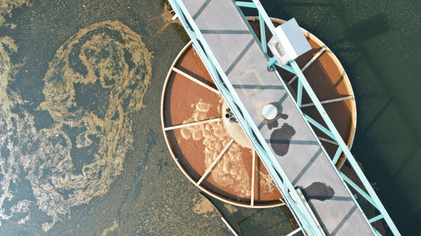Aerial view of a wastewater treatment process showing large circular tanks called primary clarifiers where sewage is separated and mixed during treatment, forming materials called biosolids as bacteria break down organic matter. The image illustrates how wastewater treatment process systems control bacteria growth and protect rivers and aquatic organisms by removing contaminants from sewage before discharge. These tanks called primary clarifiers demonstrate how mixed wastewater flows through structured treatment stages, where bacteria support biological growth and stabilization, and chemicals such as sodium hypochlorite are applied for disinfection. This wastewater treatment process highlights the role of controlled bacteria activity, biosolids management, and clarification systems in preventing pollution, protecting rivers, and safeguarding organisms downstream.